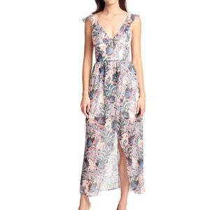 NWT Guess Pink FLORAL Ruffled Maxi Faux Wrap Dress Sleveless V NECK High Low 14
